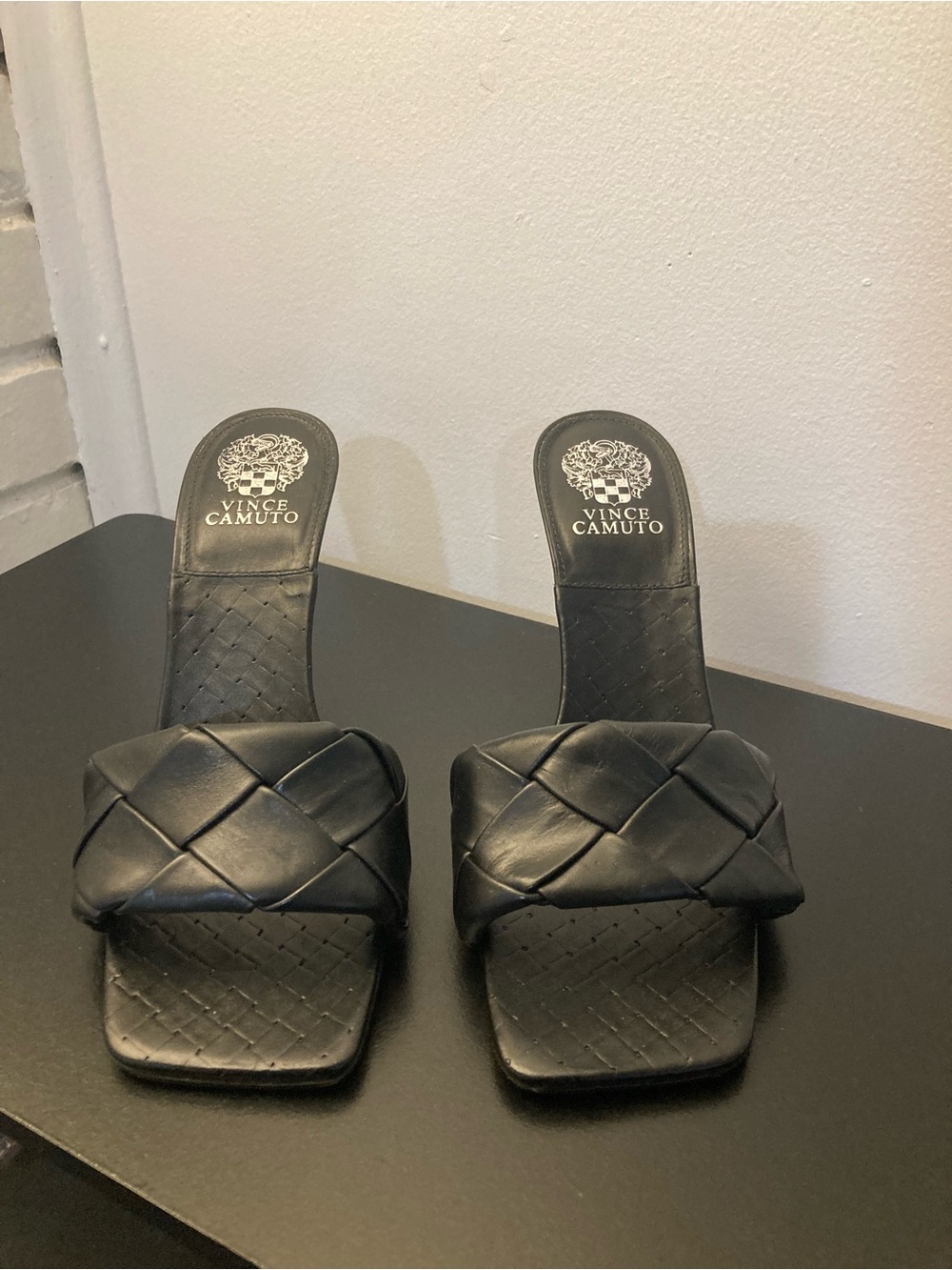 Vince Camuto Black Braided Square-Toe Slide Mules